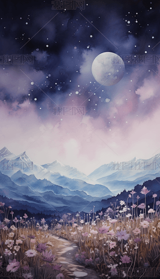 梦幻水彩晕染渐变治愈感美好风景插画19