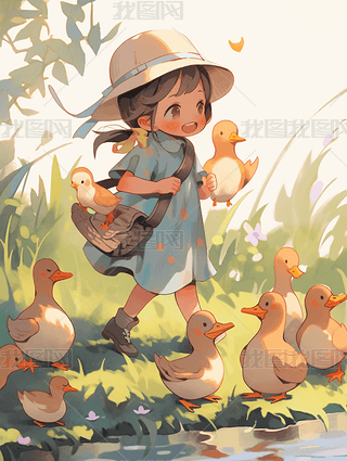 儿童国画小鸭子数字艺术|扁平插画儿童插画治愈小女孩和小鸭子