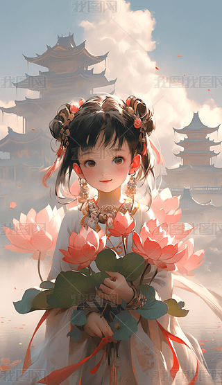 中国汉服小女孩莲花古建筑海报设计素材唯美插画