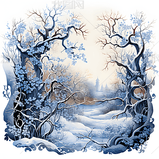 手绘冬季雪景装饰画素材