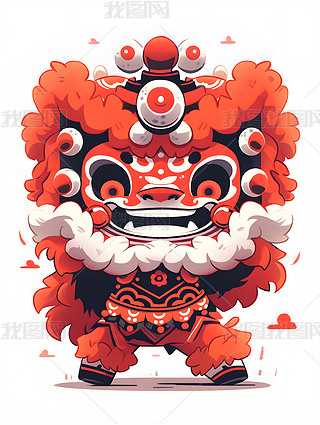 原创红色新年舞狮中式狮子拟人节日喜庆卡通插画素材