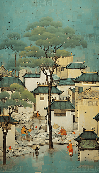 中国传统乡村建筑风情漆画浮雕书签海报