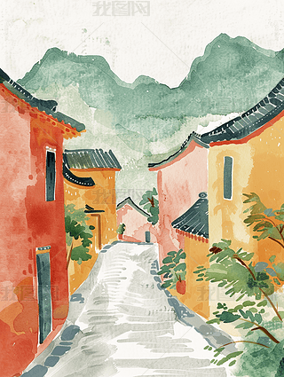 中国乡村风景90年代复古插画水彩画儿童海报设计