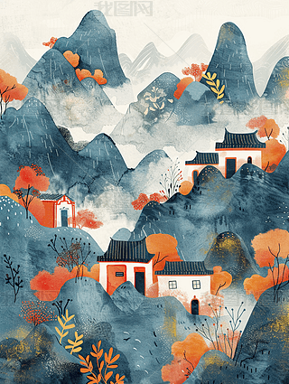 中国乡村风景90年代复古插画水彩画儿童海报设计