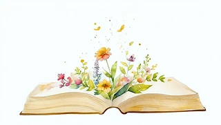 翻开的书页上长出茂盛的花草可爱植物创意水彩插画