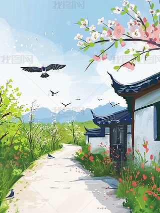 风景吉数字艺术|中国传统乡村风景春天吉卜力风格小花蓝天白云小鸟