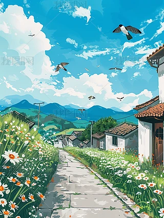 中国传统乡村风景春天吉卜力风格小花蓝天白云小鸟