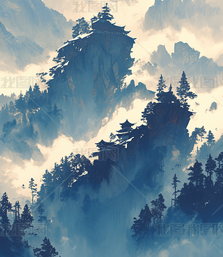 卡通云雾缭绕的山峰