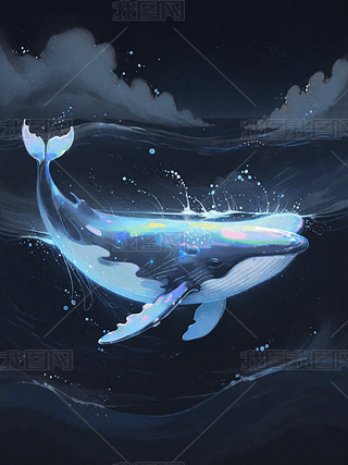 蓝色唯美治愈系发光鲸鱼插画