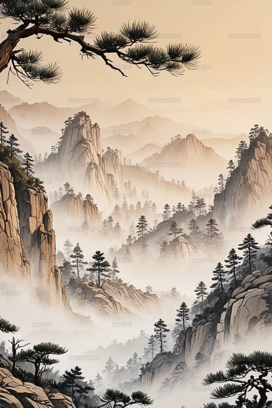 唯山川悬崖松树中风水墨下载-编号34412608--我图网