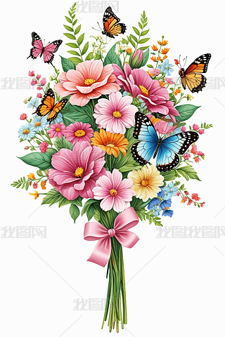 画一束彩色花蝴蝶插画