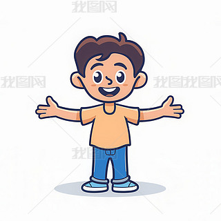 小男孩张开双臂着黄色衬衫蓝色牛仔裤