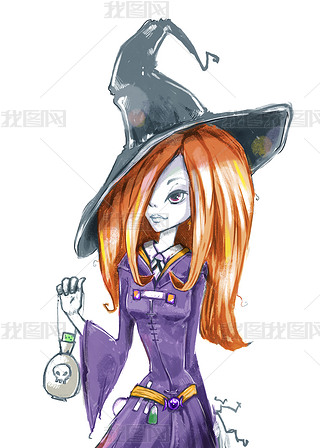 Red-haired witch. Girl in a witch costume with poison in her hands. 