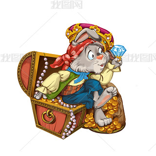 Cartoon hare pirate sits on a chest with jewelry.