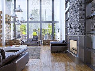 Loft apartment interior design with panoramic window interior