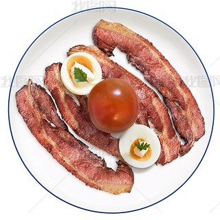 Fried Bacon Rashers with Tomato hard boiled Egg slices with Mayonnaise on Porcelain Plate Isolated o
