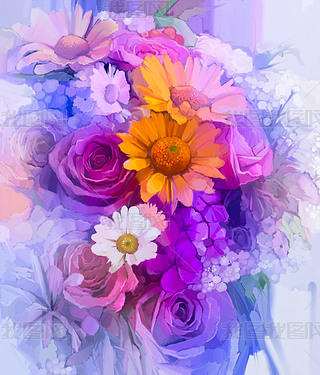 Still life of yellow, red and pink color flower. Oil Painting - Colorful Bouquet of rose, daisy and 