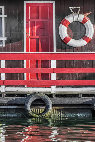 Old Wooden Red Painted Raft Hut On Sa River - Detail