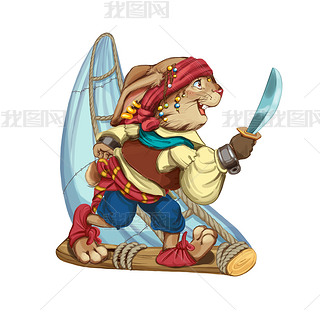 Cartoon hare pirate floats on a sailing vessel from a log.