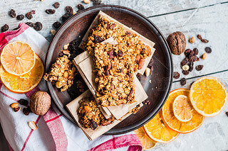Homemade citrus granola protein bars with peanut butter, honey, 