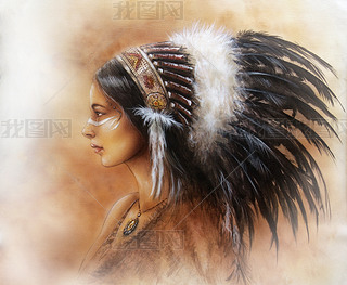 Young indian woman wearing a big feather headdress, a profile portrait on structured abstract backgr