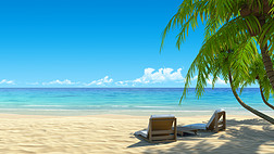 两个热带田园白色沙滩上海滩椅子。棕榈树的影子。无噪音、 清洁，非常详细的 3d 呈现。假期、 水疗中心、 度假村设计的概念.