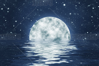 Full moon in water with reflection, starry night sky background