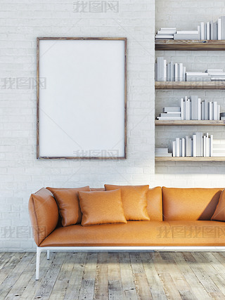 Mock up poster on brick wall, leather sofa, 3d illustration