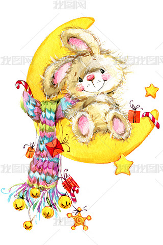 New Year and Christmas background for congratulations with funny Bunny.  watercolor illustration