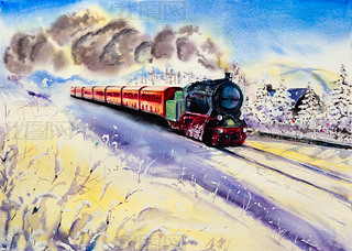 Snowy winter landscape with a retro steam train that releases pu