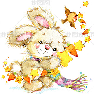 New Year and Christmas background for congratulations with funny Bunny.  watercolor illustration