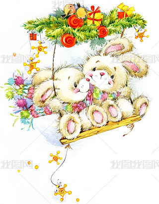 New Year and Christmas background for congratulations with funny Bunny.  watercolor illustration