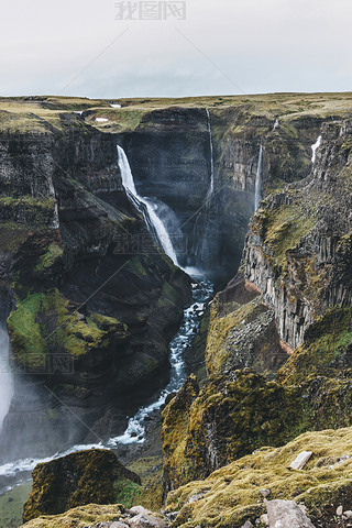 冰岛风景与 Haifoss 瀑布的鸟瞰图