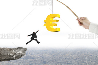 Man jumping golden euro symbol fishing lure with cliff cityscape