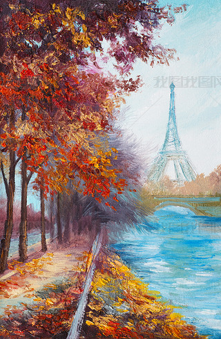 Oil painting of Eiffel Tower, France, autumn landscape