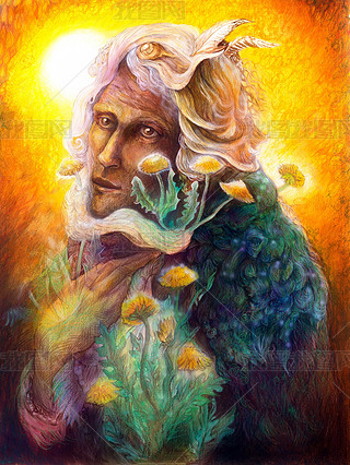 fantasy elven fairy man portrait with dandelion, beautiful colorful detailed fairytale painting of a