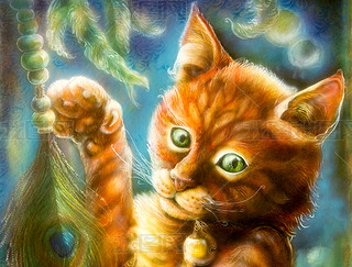 Beautiful fantasy colorful painting of a radiant orange cat head playing with a peacock feather, eye