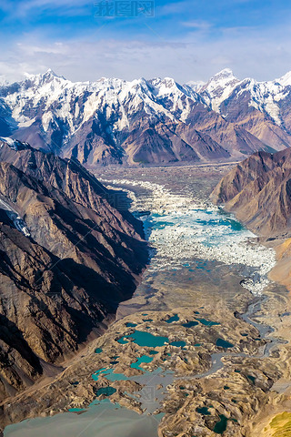 Moraine Glacier Lake Aerial View Mountain Canyon and Summits