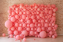 粉色气球，粉色泡沫美丽的生日质感。 派对的墙面装饰。 装饰过的墙是度假用的 显微镜下的细胞，巨细胞分裂。 用气球装饰的砖墙.