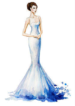 水彩时装插画、 美丽的年轻女孩，在一件长连衣裙。婚纱礼服