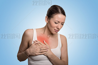 Young woman with chest breast pain colored in red