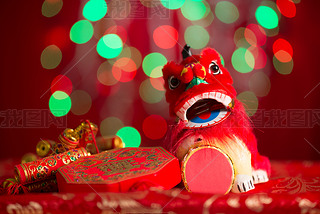 Chinese New Year decorations on red glitter background