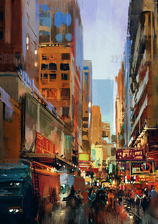 Colorful painting of city street