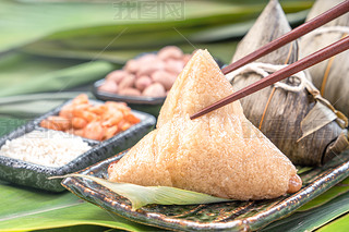 Close up, copy space, famous chinese tasty food in dragon boat (duan wu) festival, steamed rice dump