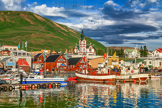 Town of Husik at sunset, north coast of Iceland