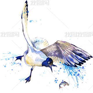 seagull T-shirt graphics. seagull illustration with splash watercolor textured  background. unusual 