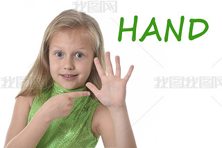 cute little girl pointing her hand in body parts learning English words at school