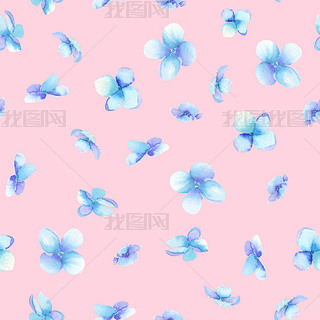 A seamless pattern with the blue flowers (Myosotis), painted in a watercolor on a pink background