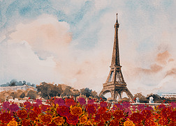巴黎欧洲城市风景。法国, 埃菲尔铁塔著名, 以红玫瑰浪漫的塞纳河景色在秋季, 水彩画插图复古风格, 天际线背景。世界地标