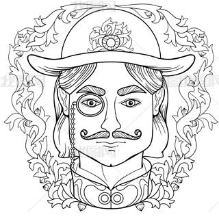 Zentangle coloring  page for adults anti stress with man face and decorative oak frame  with hat and